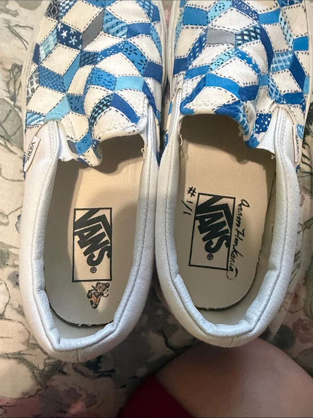 Vans “Off the Wall” Slip-On Quilted Checkerboard Blue & White Canvas Sneakers